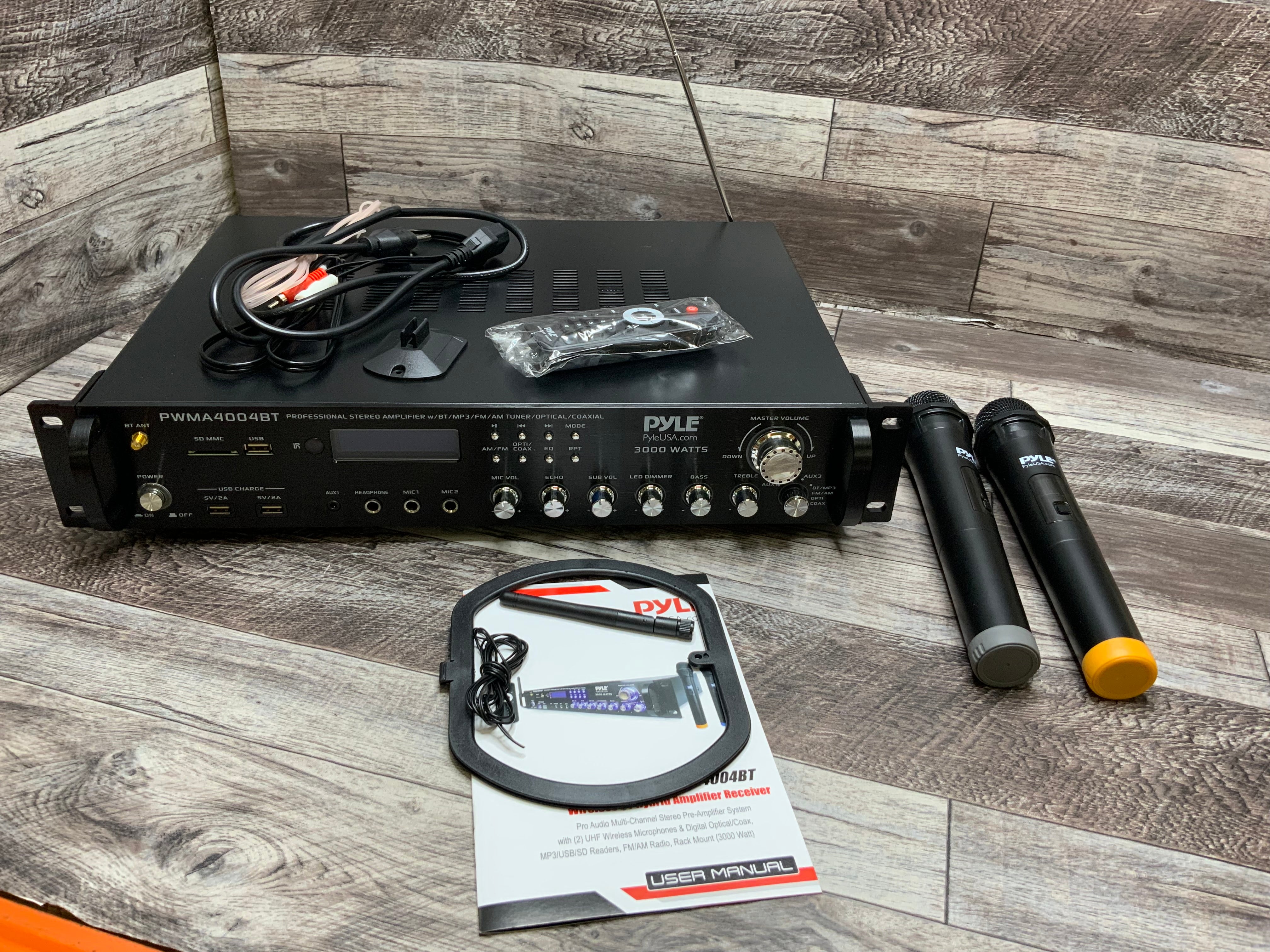 Pyle PWMA400BT 4 Channel Power Amplifier System W/ 2 Microphones (8087086072046)
